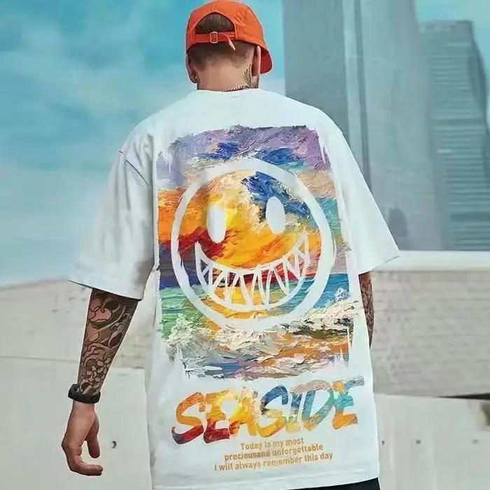 T-shirt ample 8XL tendance style vintage américain avec imprimé graffiti expressif, décontracté et d