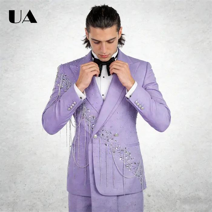 Costume de mariage lilas pour marié, ensemble de costume 2 pièces avec pompons en strass, costume po