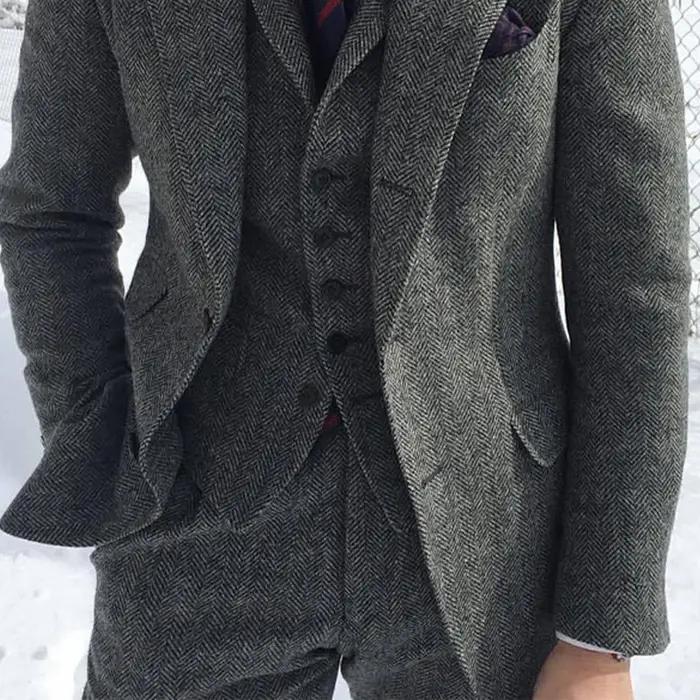 Smoking formel à chevrons pour hommes, tweed de laine grise, veste trempée, pantalon en émail, mode