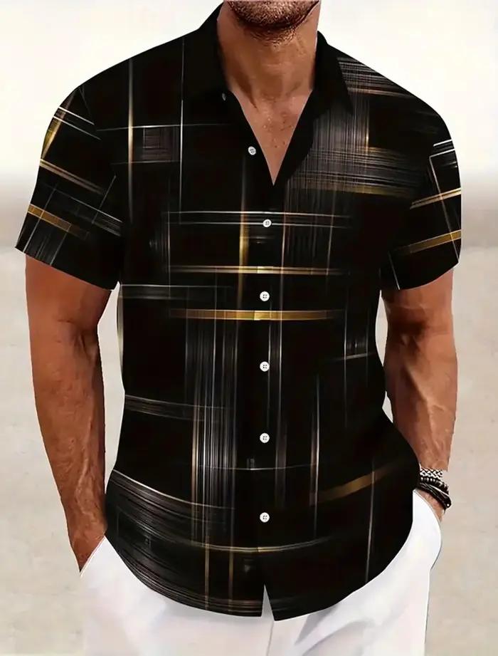 Chemises d'été à carreaux à grille géométrique pour hommes, chemise hawaïenne à manches courtes raba