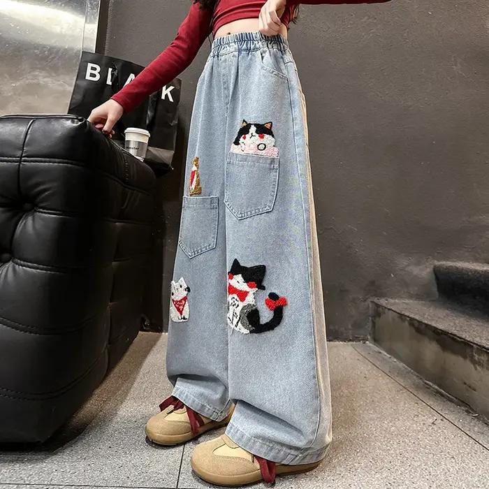 Printemps junior filles dessin animé jambe large jeans adolescents enfants serviette brodé chat deni