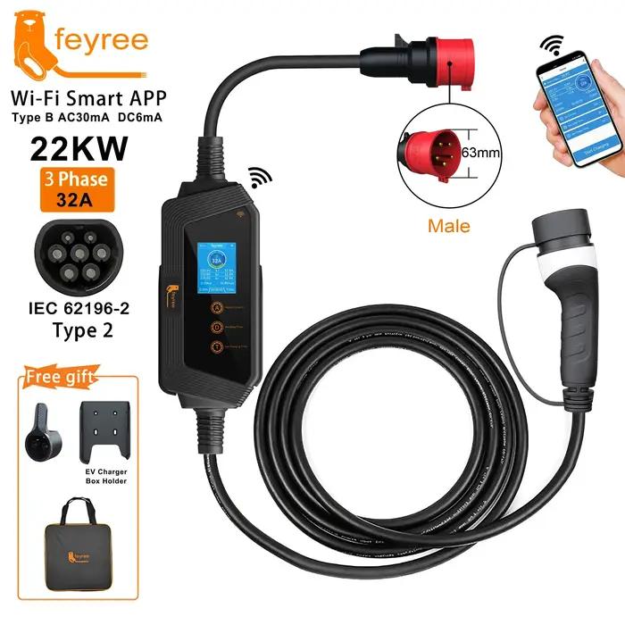 Feyree 22KW 32A 3 phases Type2 chargeur EV Portable Wi-Fi APP contrôle EVSE boîte de charge Station