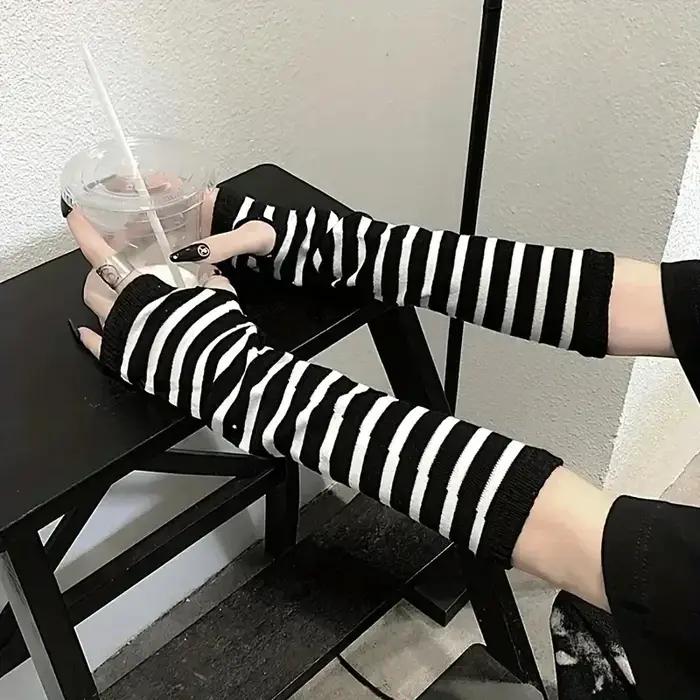 Y2K gothique Lolita gants bras couverture Harajuku chauffe-bras noir gris rayé sans doigts Punk long