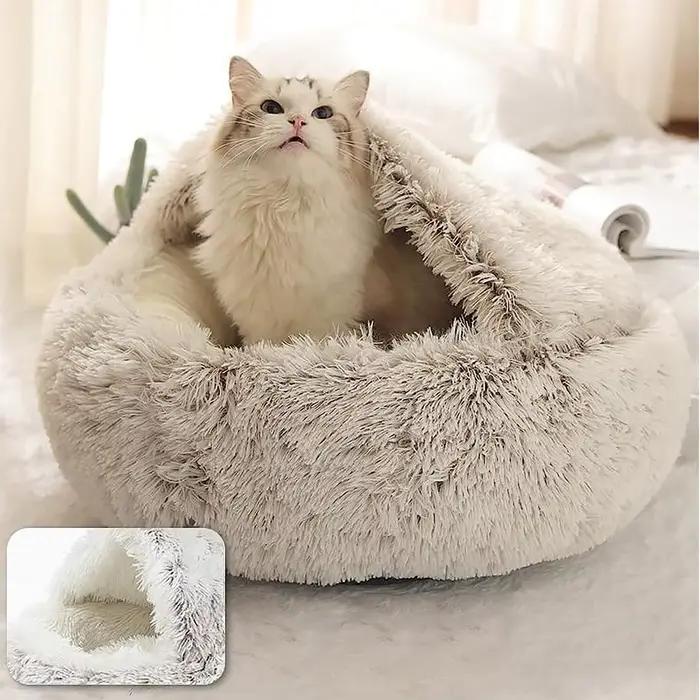 Lit rond en peluche pour chat, matelas pour animaux de compagnie, panier chaud, doux et confortable,