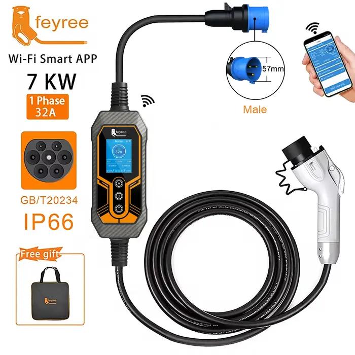 Feyree GB/T chargeur EV Portable 32A 7KW 1 phase APP Version Bluetooth EVSE 11KW 16A câble triphasé