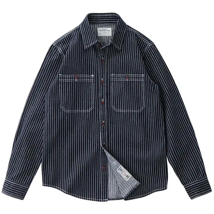 Chemise à rayures en Denim pour hommes, rétro américain, poids lourd, broderie Cargo, mode masculine