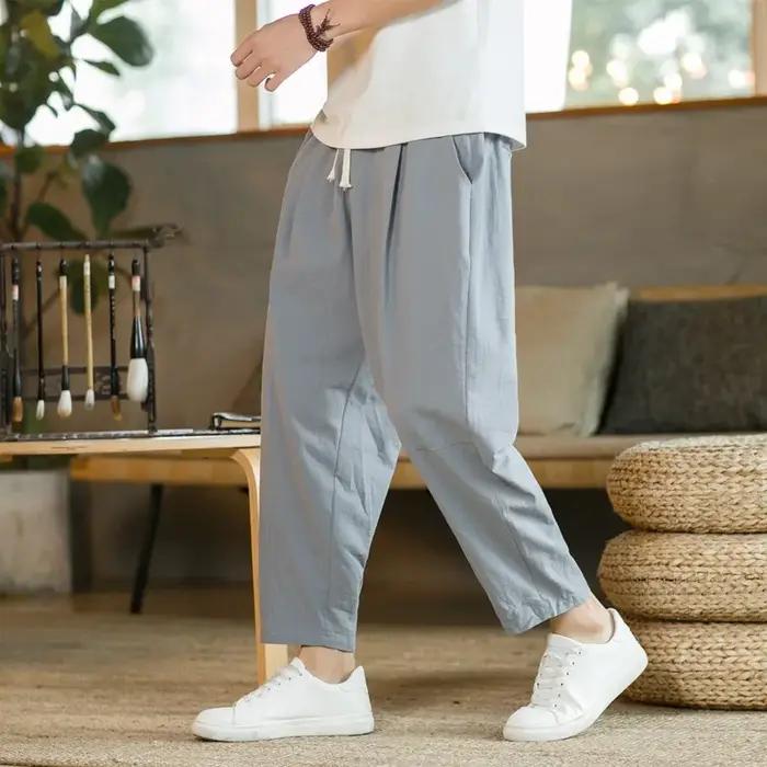 Nouveaux hommes lin léger pantalons de survêtement coton couleur unie respirant Joggers hommes Baggy