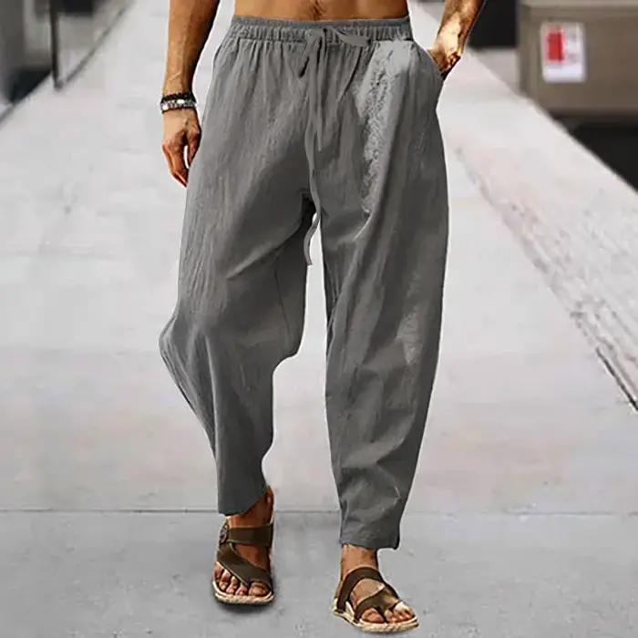 2025 hommes coton lin pantalon été et automne solide taille haute pantalon à jambes larges mâle lâch