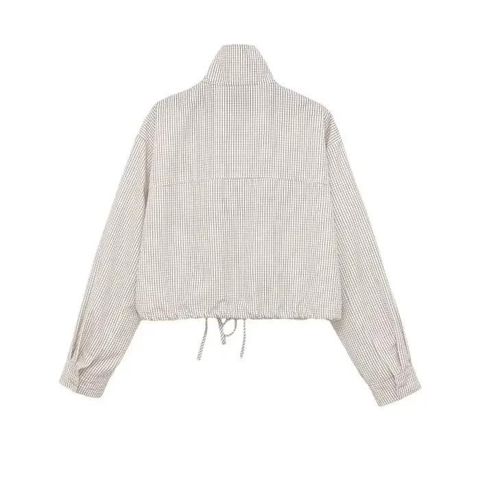 Veste Courte à Carreaux pour Femme ETJ, Col Montant, Manches Bouffantes, Coupe Oversize avec Ourlet
