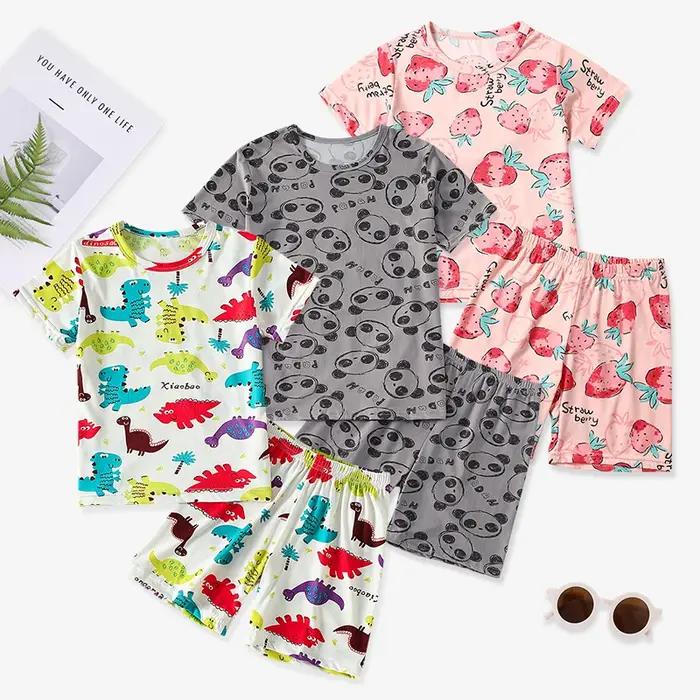 Costume d'été 2 pièces enfant imprimé dinosaure Joker haut manches courtes short rose confortable jeu activité occasion spéciale