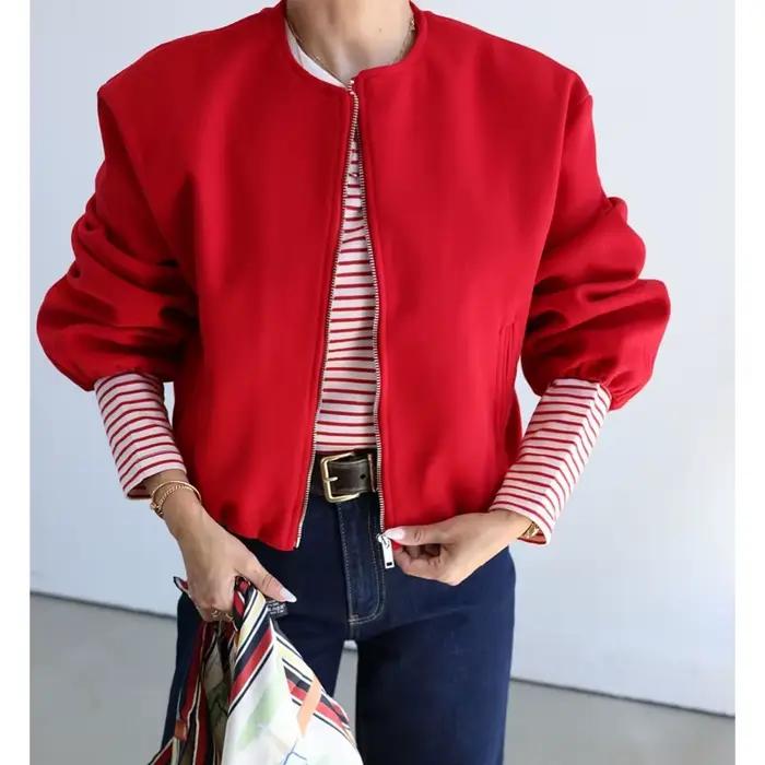 MUJER rouge fermeture éclair Bomber vestes pour femmes doux recadrée vestes femme 2025 à manches lon