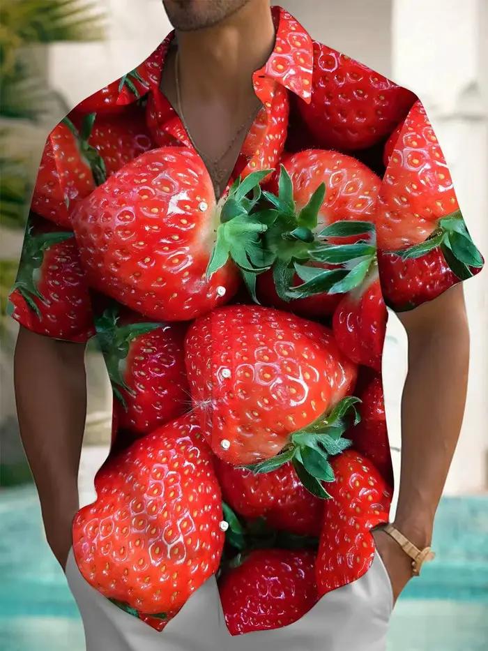Chemise hawaïenne à manches courtes pour hommes, imprimé fruits fraises, tissu en Polyester, adapté
