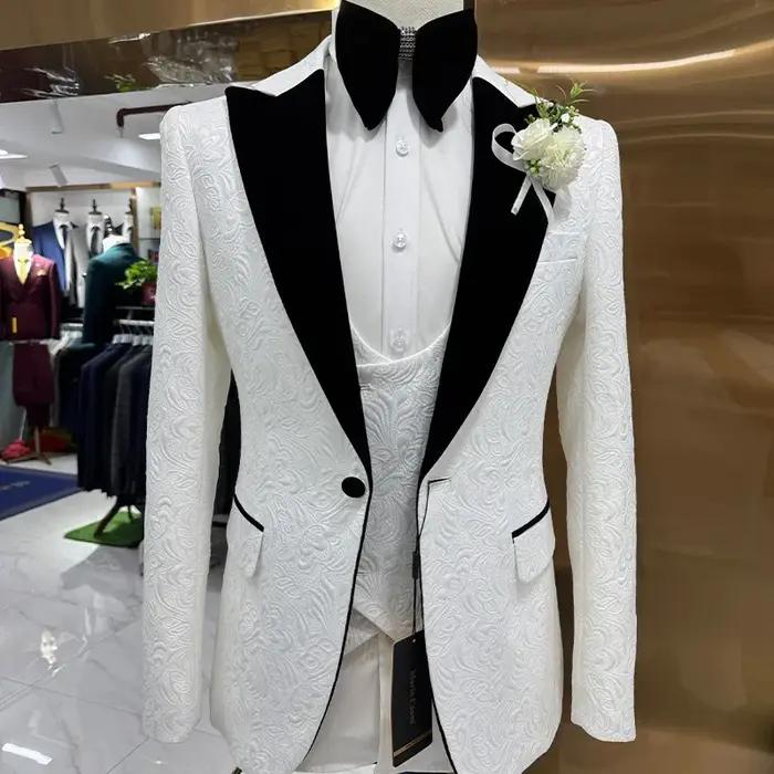 Costumes de mariage Thorndike pour hommes, jacquard blanc avec col en satin noir, smoking 3 pièces,