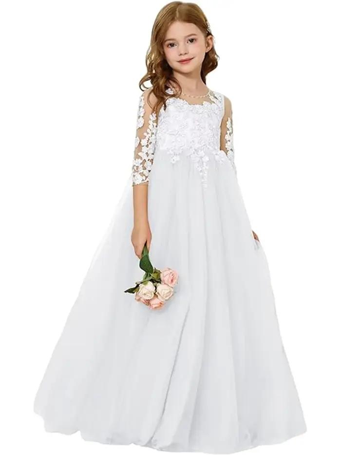 Robe de demoiselle d'honneur en dentelle avec des Appliques florales, manches 3/4, robe de bal en Tu