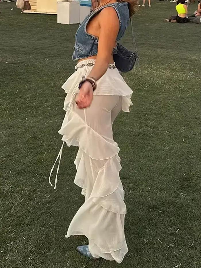 Pantalon évasé à plusieurs niveaux irréguliers pour femmes, Y2K, Patchwork transparent, Hipster d'ét