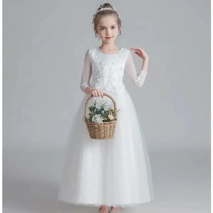 Robe de princesse en tulle à manches longues pour filles, robe de demoiselle d'honneur pour adolesce