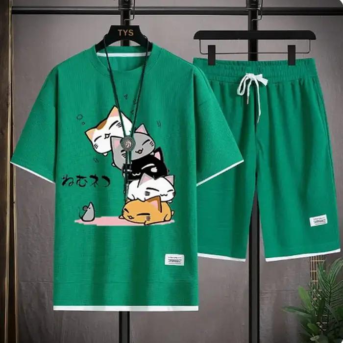 Ensemble gaufré d'été pour hommes, marque à la mode, t-shirt et short décontractés, ensemble de spor
