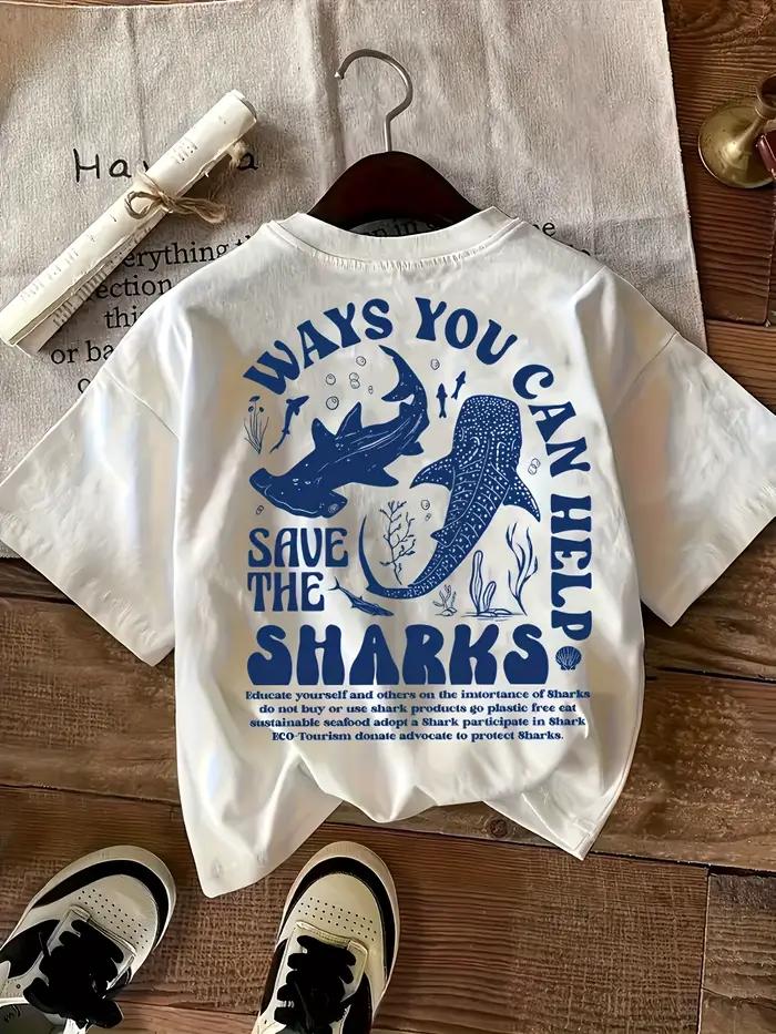 T-Shirt col rond décontracté pour femmes, 100% coton, avec imprimé requin, manches courtes, à la mod