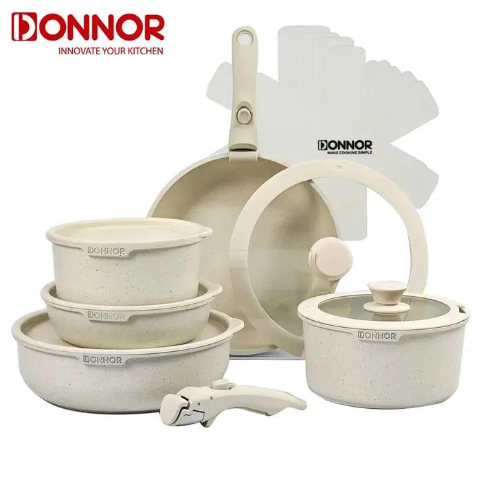 Donnor 17 pièces poignée amovible batterie de cuisine antiadhésive en aluminium moulé sous pression