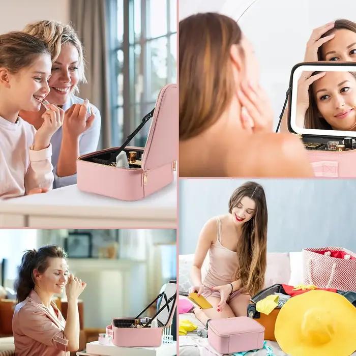 Trousse de maquillage avec miroir LED, grande mallette de voyage, organisateur de cosmétiques, sacs