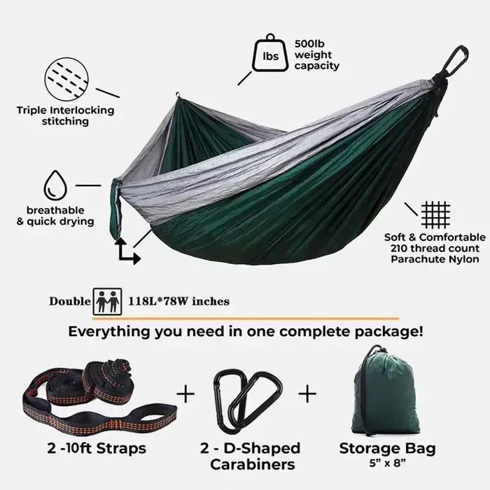Double hamac de Camping surdimensionné, hamac à sangles d'arbre Portable, hamac de voyage en Nylon 2