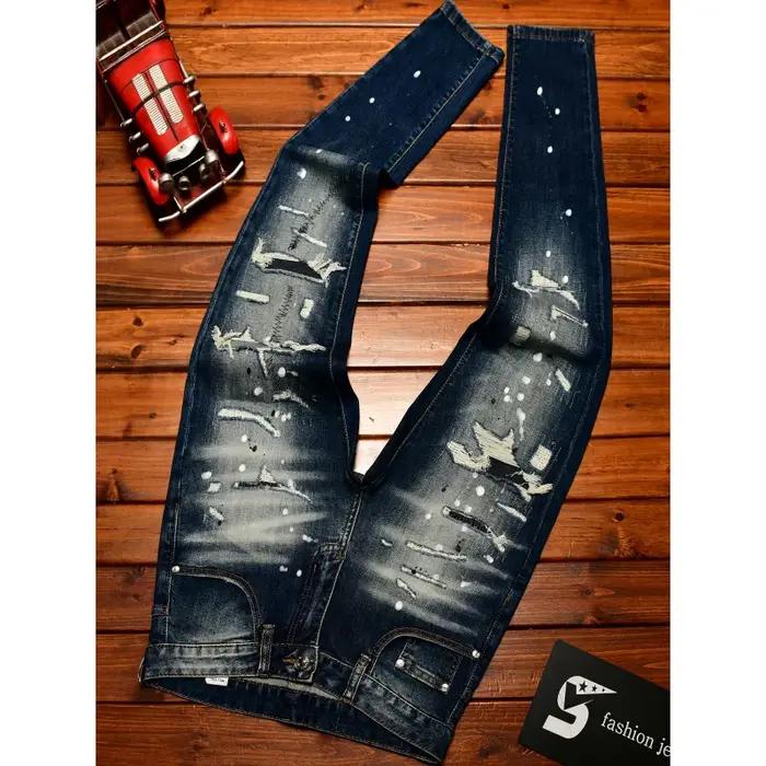 Jean nostalgique haut de gamme pour hommes, coupe slim avec petits trous, patchs grattés, tendance d