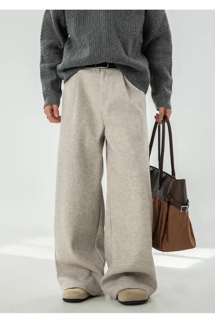 Pantalon décontracté en laine texturée pour hommes, drapé, ample, jambe droite, pantalon de costume