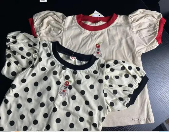 T-shirt d'été pour enfants, mignon, ondulé, à pois, petit ours brodé, vêtements pour enfants