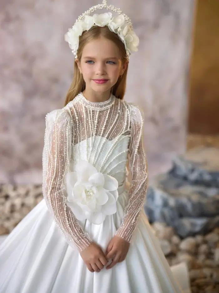 Robe de princesse longue en Satin pour filles, tenue de princesse à paillettes et perles, avec fleur