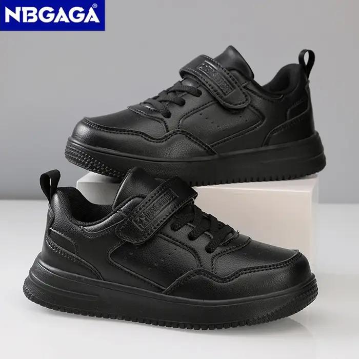 Chaussures de marche plates en cuir noir pour enfants, chaussures décontractées pour garçons et fill