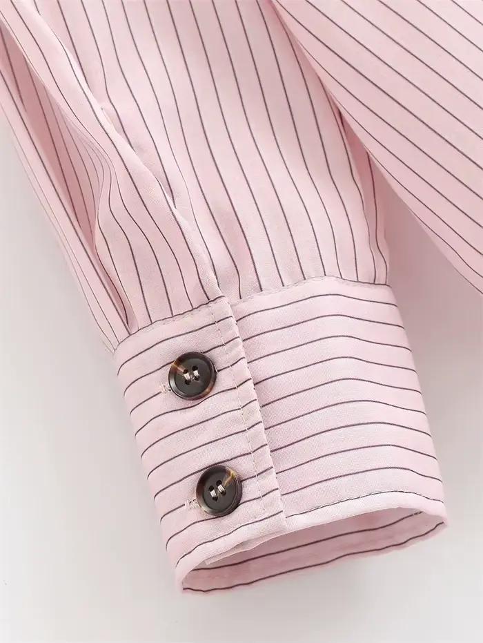 Chemise Femme Printemps 2026 Nouveau Style Rose Rayée Manches Longues Col Montant Boutonnage Simple