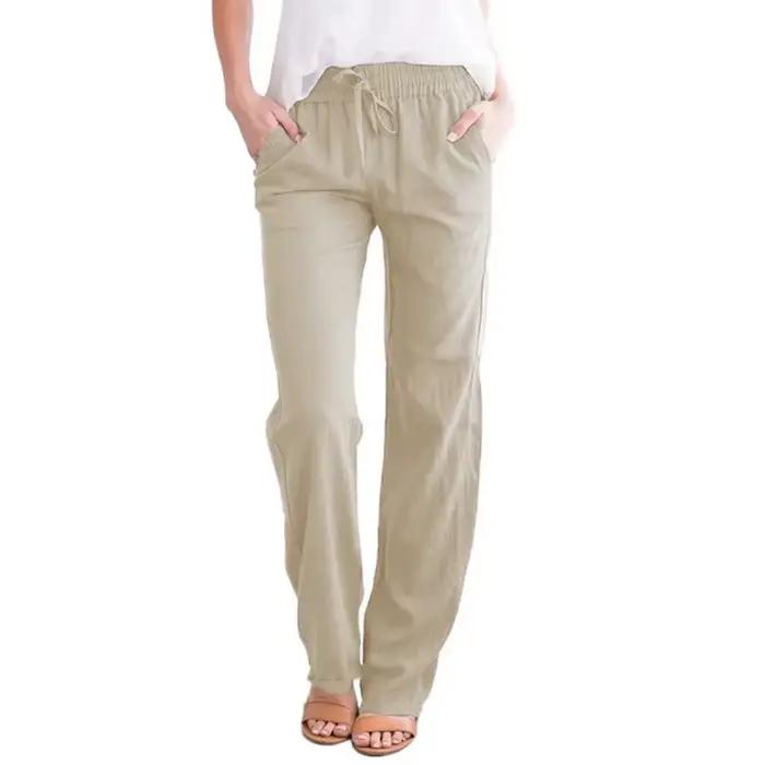Pantalon en coton et lin pour femmes, avec cordon de serrage, taille élastique, décontracté, couleur