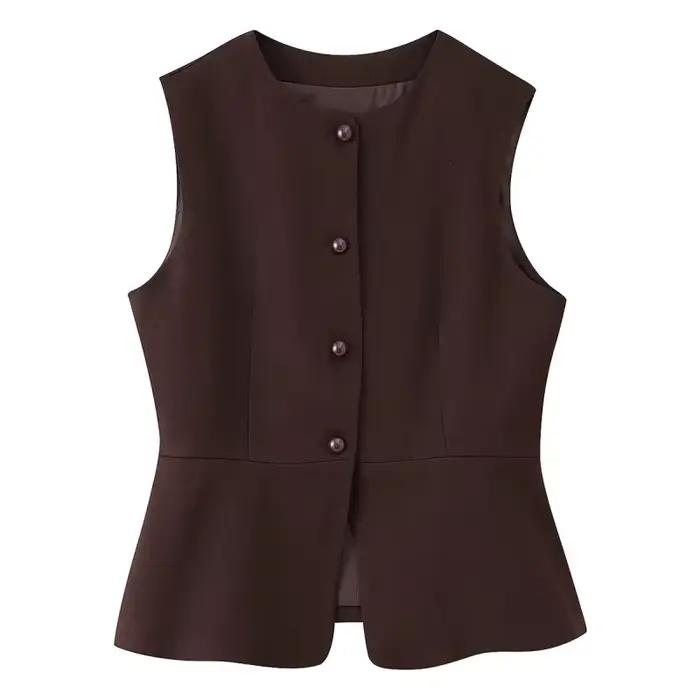 ETJ automne 2025 femmes élégant mode couleur unie col rond gilet tempérament polyvalent bouton up gi