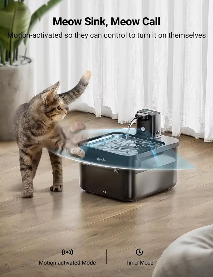 DownyPaws 2,5 L fontaine d'eau automatique en acier inoxydable pour chat 4000 mAh abreuvoir sans fil