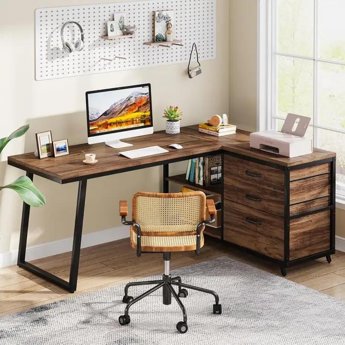 Bureau d'ordinateur en forme de L avec 3 tiroirs, bureau à domicile avec étagères, bureau PC industr