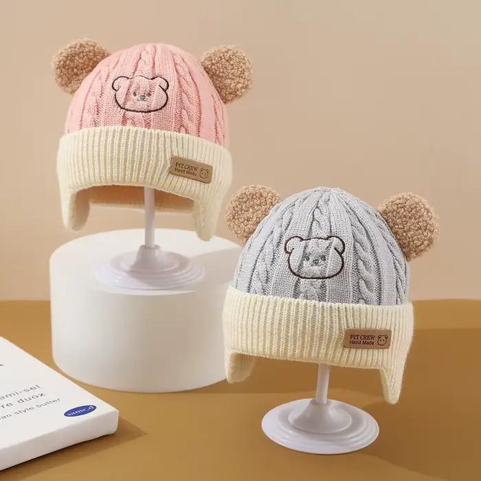 Chapeau de bébé ours mignon, Protection des oreilles, pour enfants, hiver, épais, chaud, tricoté, Ve