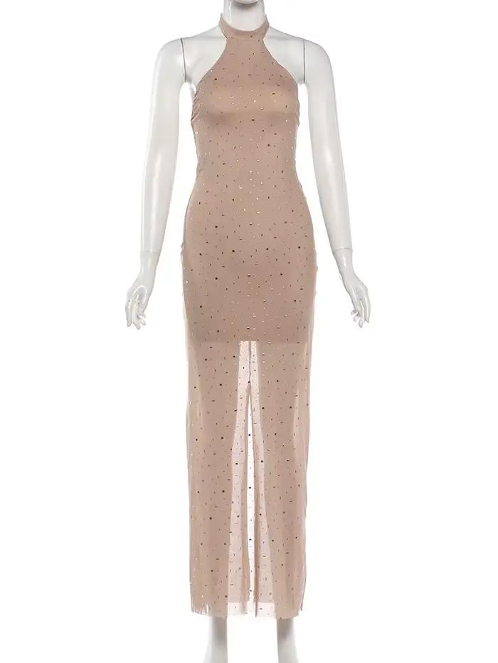 Robe de soirée sexy Kliou pour femme, décoration en faux diamants, col rond, épaules dénudées, taill