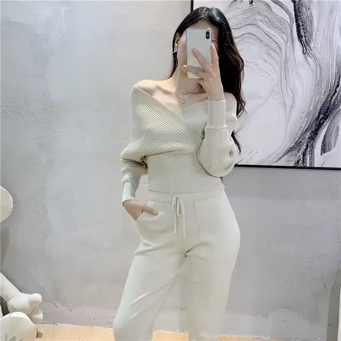 Ensemble deux pièces pour femme, survêtement élégant, Sexy, Style coréen, tricoté, côtelé, dos nu, L