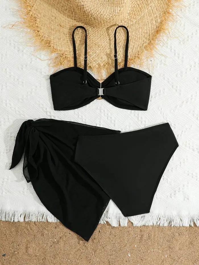Ensemble de maillots de bain 3 pièces pour adolescentes 2026 – Bikini décoré de boucles métalliques,
