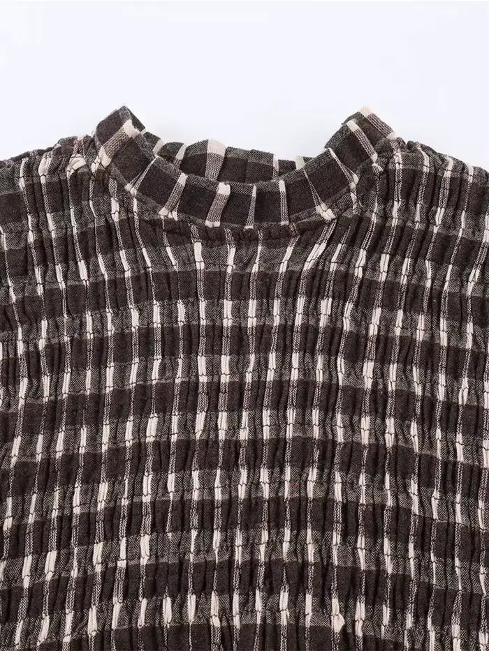 Nlzgmsj 2025 Vintage Chic marron chemises à carreaux femmes à manches longues Blouses pli mode décon