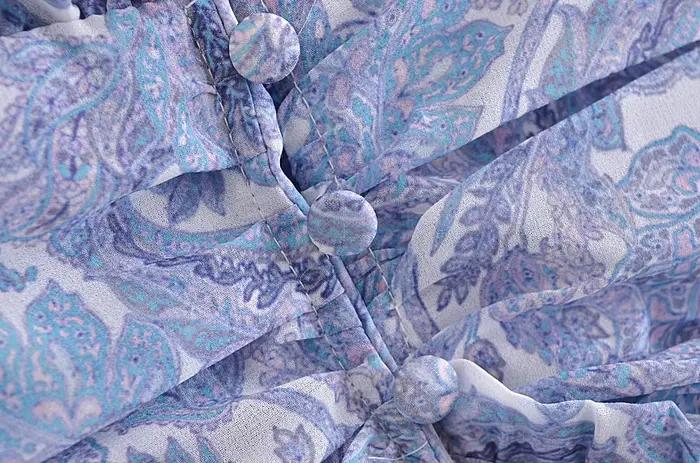Mini Robe en mousseline de soie à imprimé Floral bleu pour femmes, 2022, oreilles en bois, volants,