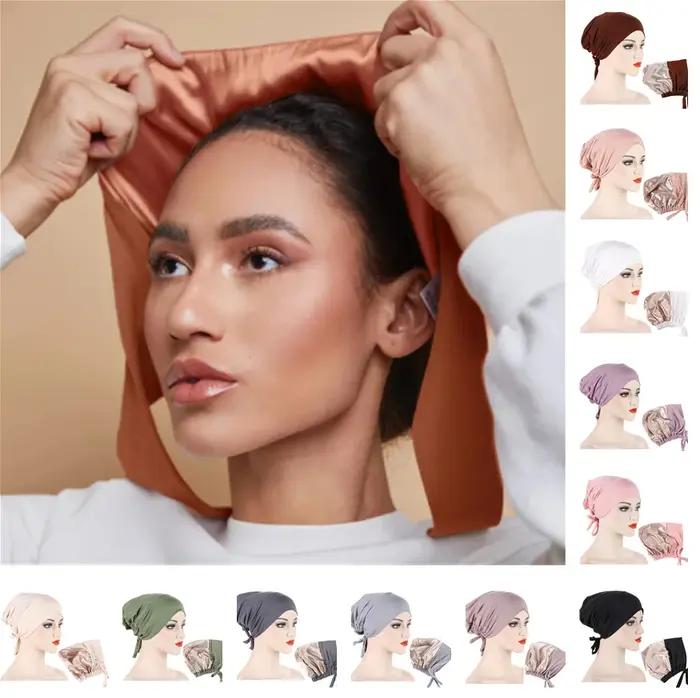 Bonnet Hijab en Satin Modal Double couche, sous-capuchon islamique avec cravate, Hijabs instantanés