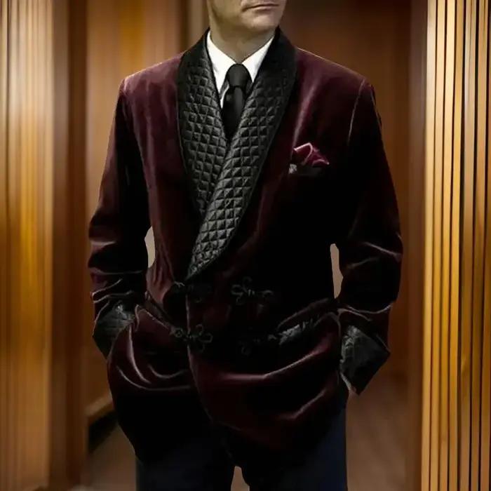 Veste longue imbibée pour homme, blazer imbibé de velours, manteau QueParty, revers châle, mariage,