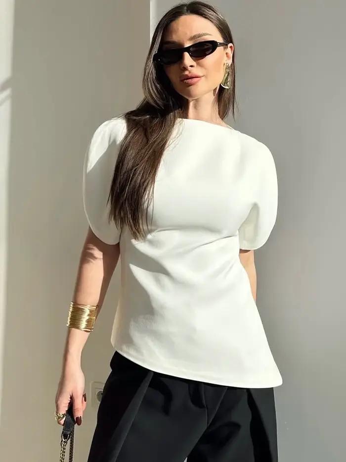 SLTNX T-shirts noirs décontractés et chics à manches courtes bouffantes pour femmes, hauts droits à