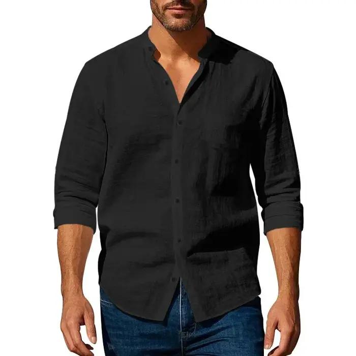 Chemise en coton et lin pour hommes, col Henley, couleur unie, légère, respirante, coupe cintrée, si
