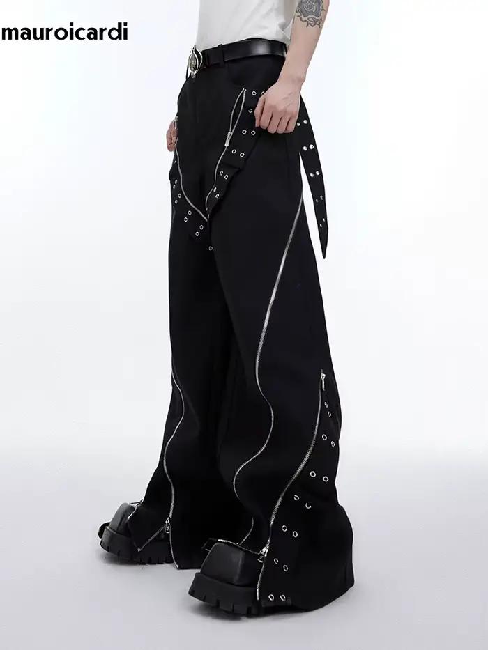 Mauroicardi-Pantalon Baggy à Jambes Larges pour Homme, Streetwear Cool, Long, Noir, Flowy, Vêtements