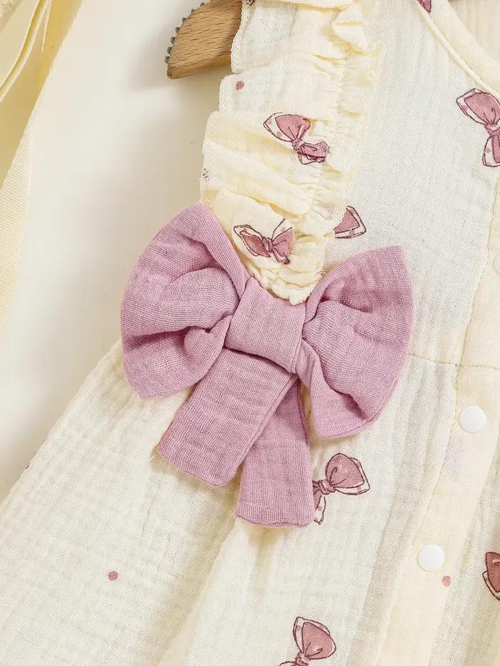 Robe pour bébé fille de 0 à 9 mois, 2 pièces, col rond, imprimé nœud, bord à volants, ensemble de ch
