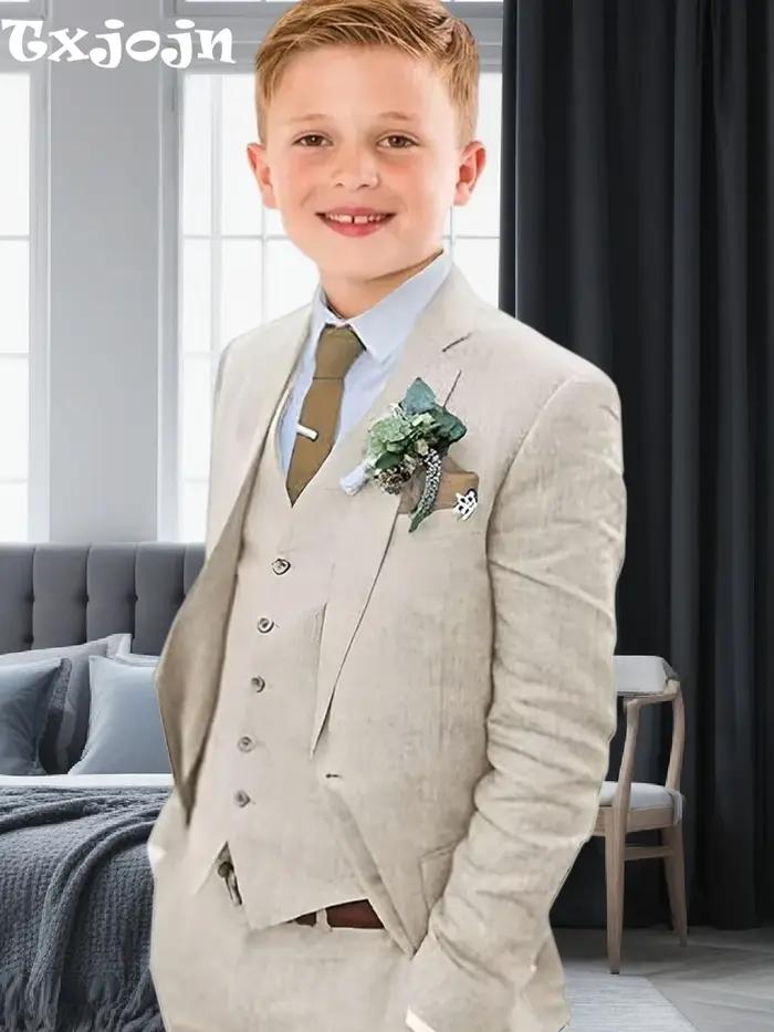 Costume en lin pour garçons, coupe cintrée, 3 pièces, Blazer, gilet, pantalon, été, plage, mariage,