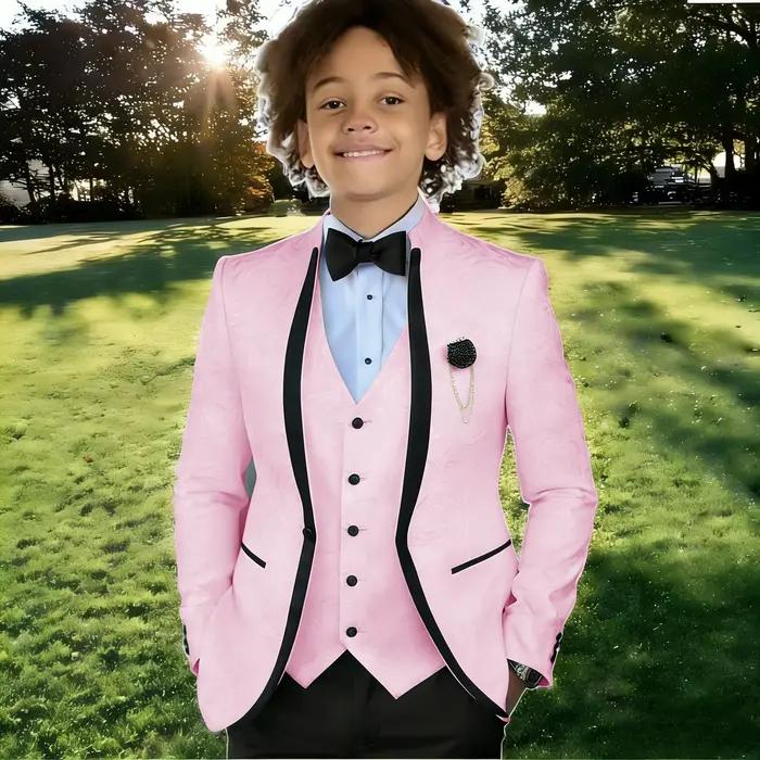Costume Jacquard Blanc pour Garçon, Tenue de Cérémonie pour Mariage, Smoking à Col Montant, Vêtement