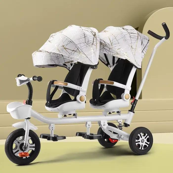 Tricycle pour enfants, poussette double, vélo à double siège avec siège inclinable, double direction